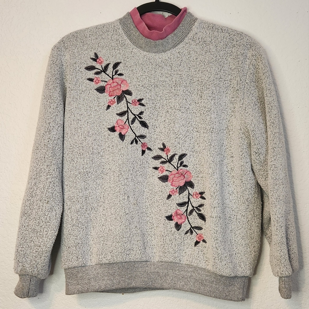 Vintage Bon Worth 1990s Gray Sweatshirt‎ with Pink Rose, Size M or L